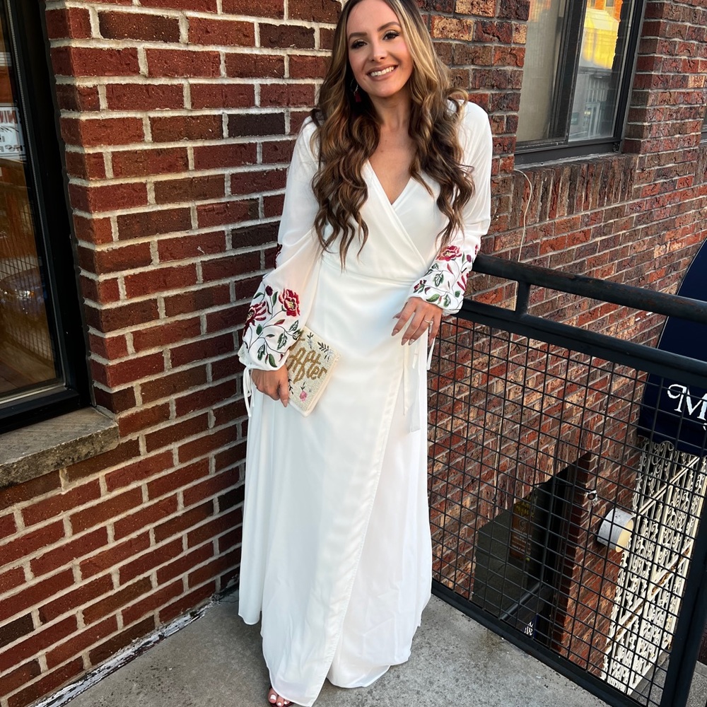 My Angel White Embroidered Long Sleeve Wrap Maxi Dress